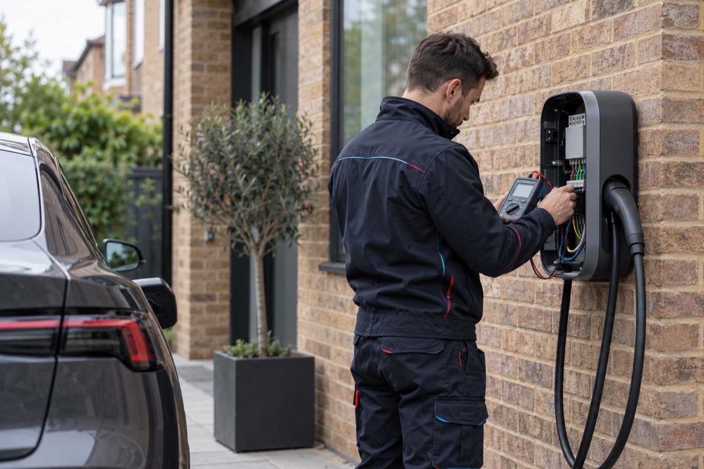 Electrician commissioning a wall-mounted EV charger